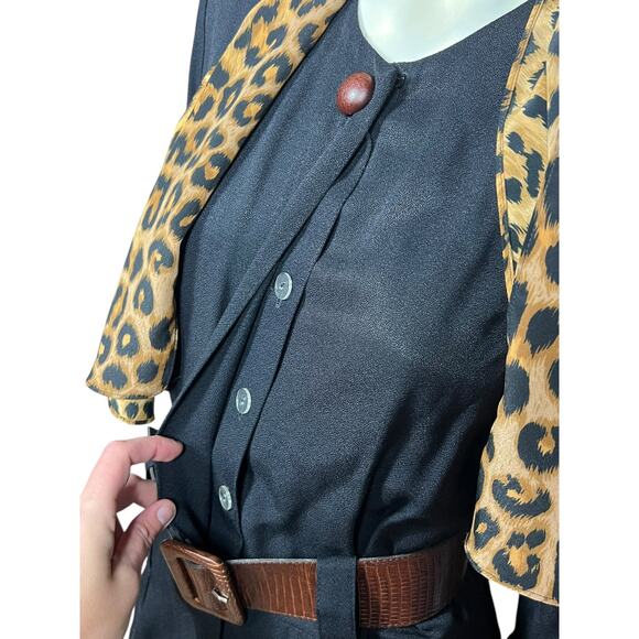 Vintage Studio I Navy Dress with Leopard Scarf & Brown Belt - 80s Size 10 - Picture 7 of 11